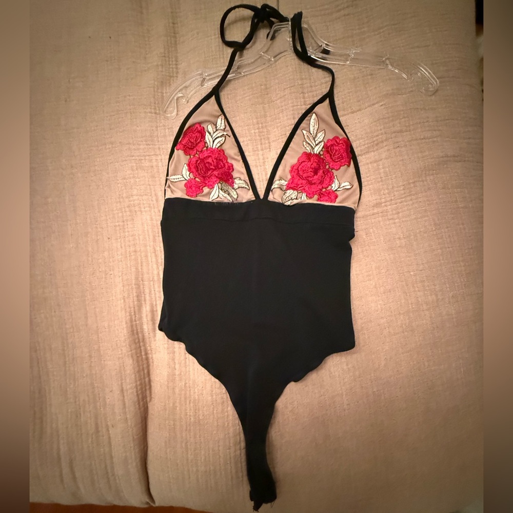 Black Bodysuit with Red Floral Embroidery
